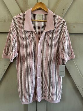 Massive Luxury Crochet Knit Polo Shirt Pink Striped Button Front Medium NWT